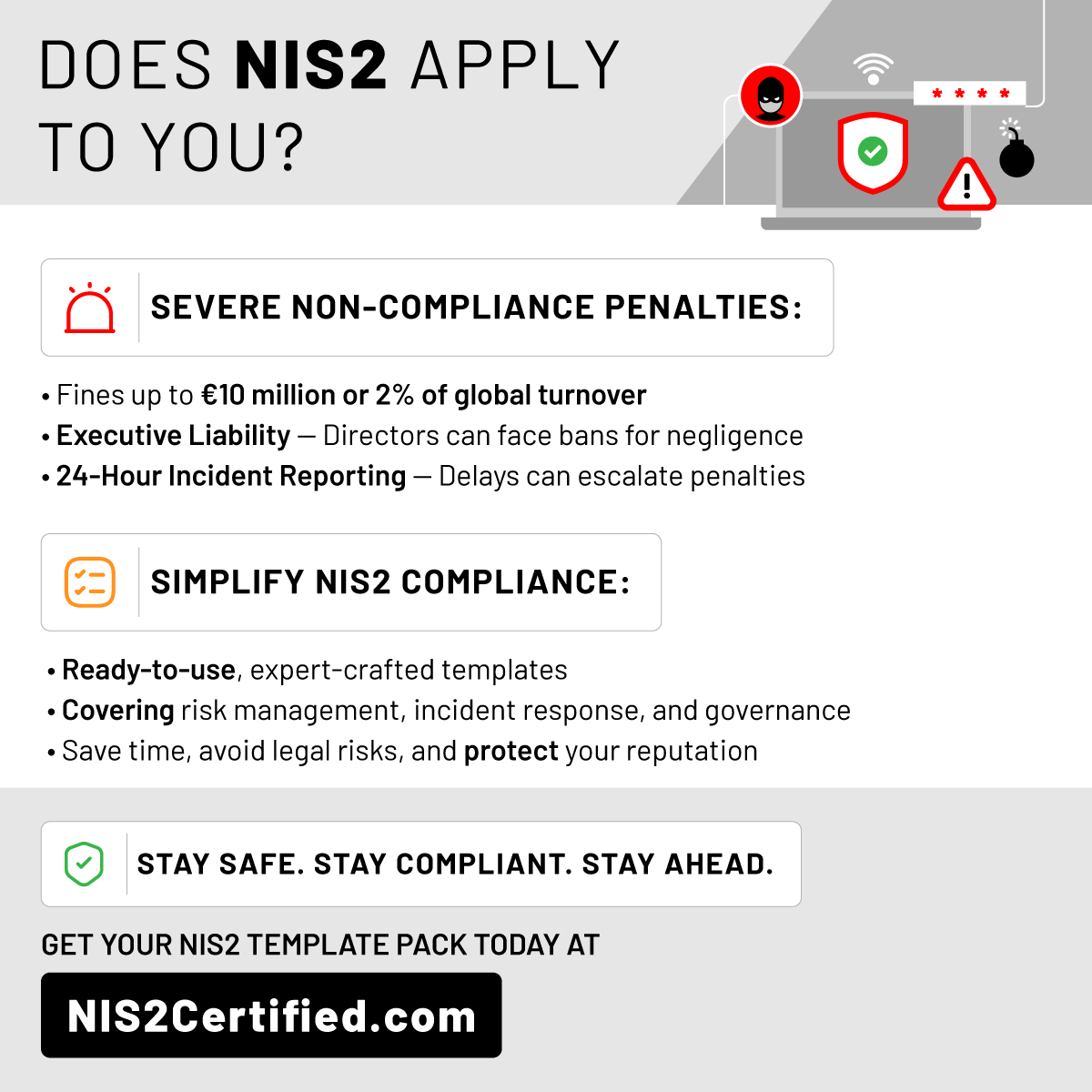 CRITICAL! Does NIS2 apply to you? Get started now with your compliance journey with our NIS2 Compliance Template Pack! Get it now at NIS2Certified.com. We include over 50 policies, procedures, and everything else needed to get certified easily.