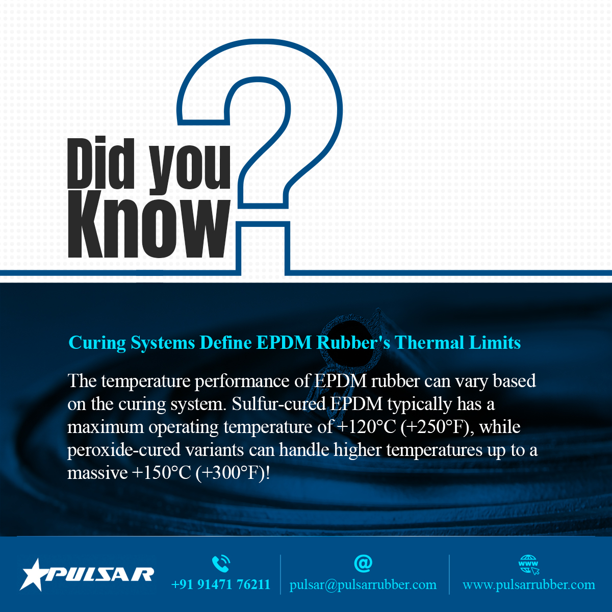 PulsarRubberLtd's tweet image. EPDM heat resistance depends on its curing system! Sulfur-cured EPDM withstands up to +120°C (+250°F), while peroxide-cured handles up to +150°C (+300°F). Choose the right formulation for peak performance!

#rubber #RubberSolutions #RubberProducts #rubberproductsmanufacturers