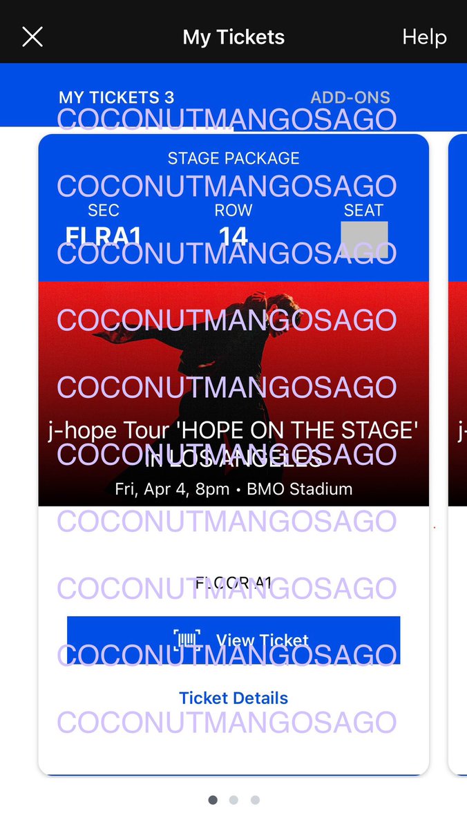 cocomangosago's tweet photo. WTS (3) STAGE VIP HOTS LA D-1 (4/4)

selling x3 stage VIP for LA D-2 (4/4) for FV!
Willing to provide proof, FT, &amp; ID for benefits.

Price: $633 EACH (FV w/ fees)

Pls comment or DM if interested!

@875tickets 
#WTS #JHOPE #jhope_TOUR #wtsvip https://t.co/GDNanZo3MT