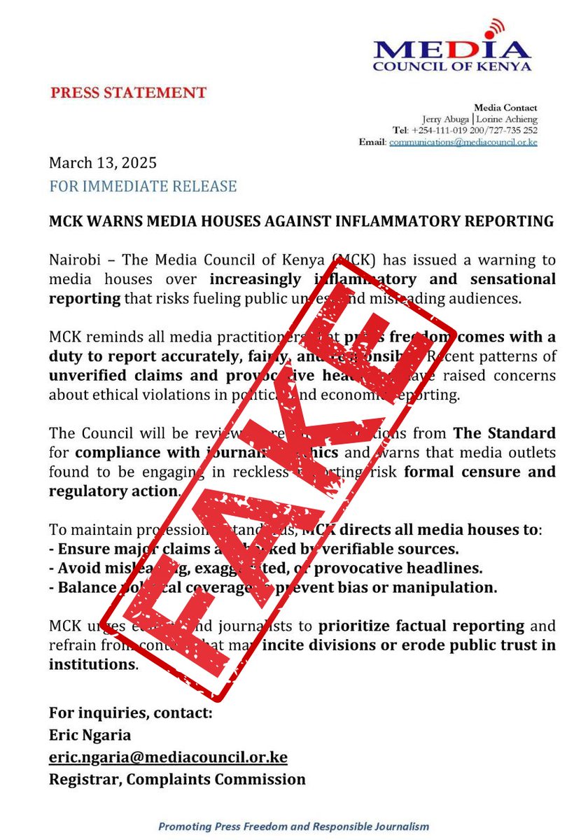 🚨 FAKE NEWS ALERT! 🚨
Please be aware that the claim circulating about the .<a href="/MediaCouncilK/">Media Council of Kenya</a> cautioning media houses against inflammatory reporting is FAKE. 🚫
Always verify information from official .<a href="/MediaCouncilK/">Media Council of Kenya</a> sources! ✅
#MediaLiteracy #FakeNewsKenya #MCK
