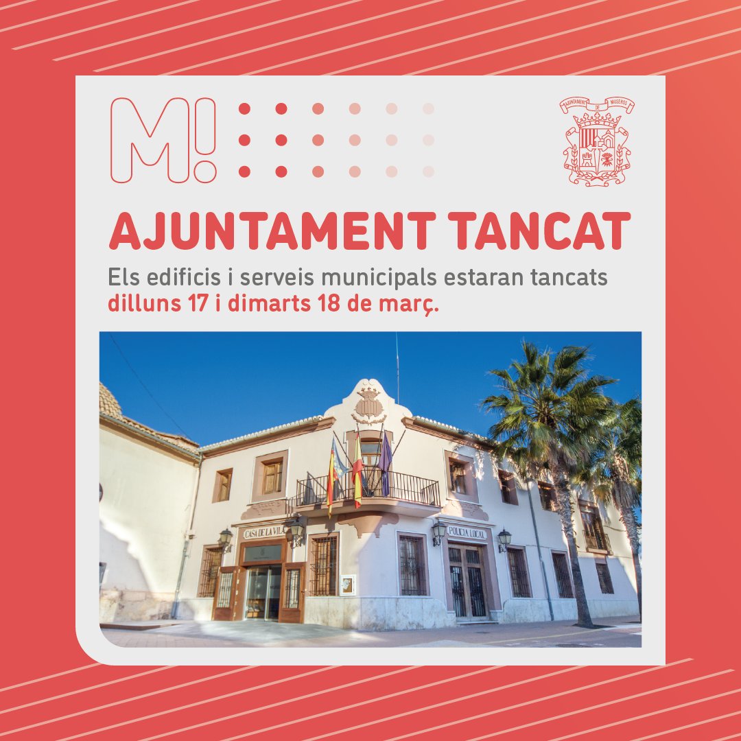 ℹ️ Informem que el dies 17 i 18 de març els edificis i serveis municipals estaran tancats.
___

ℹ️ Informamos de que los días 17 y 18 de marzo los edificios y servicios municipales estarán cerrados.