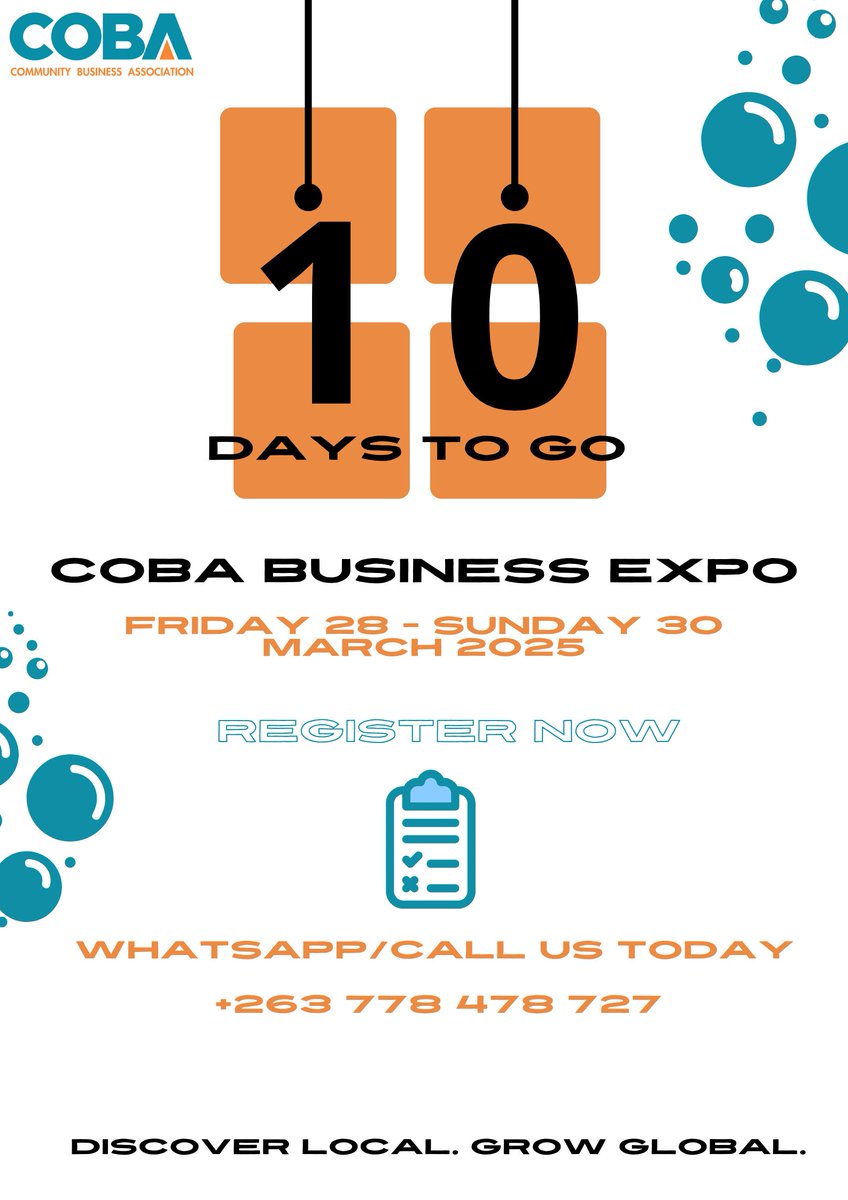 COBA2025's tweet photo. 🚀 10 DAYS TO GO! COBA Business Expo (Mar 28-30) at Sherwood Golf Club. Stalls filling fast! Showcase your business &amp; network.  Register now: Call/WhatsApp 0778478727   #COBABusinessExpo #RegisterNowRetry https://t.co/uBXG4jELsL
