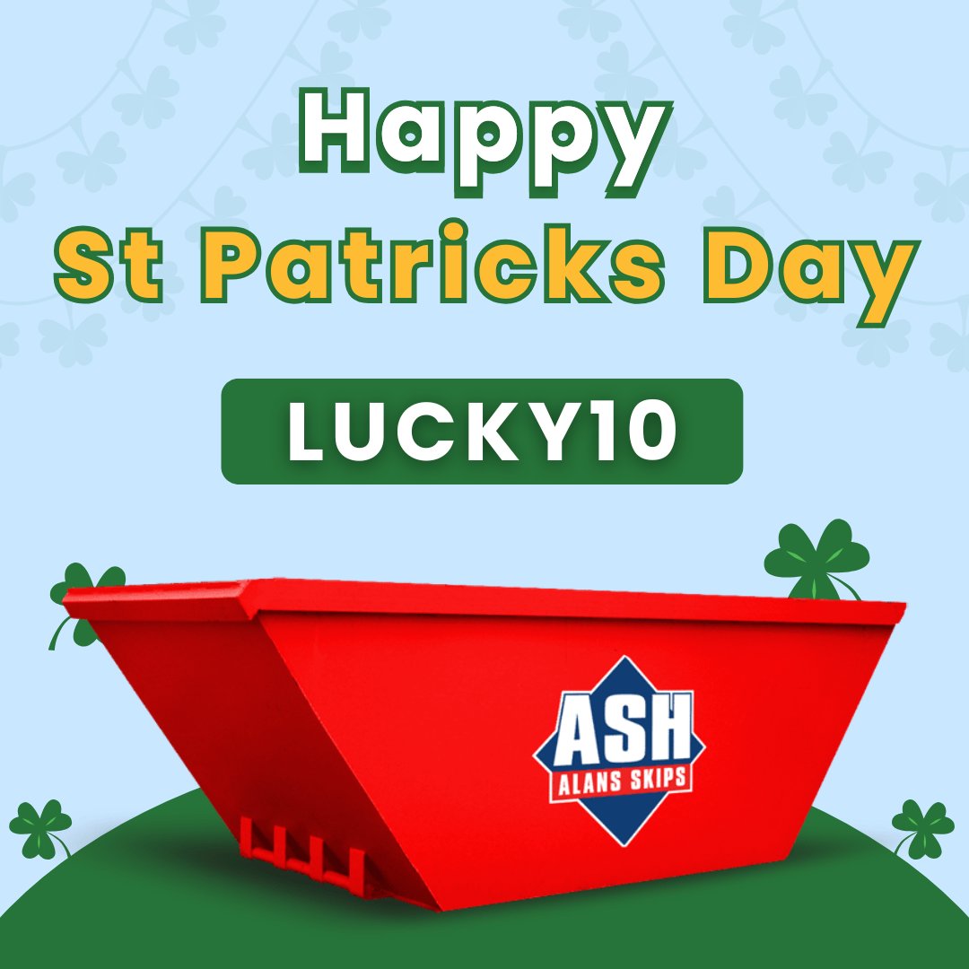 Save some green this St. Patrick’s Day! 🍀 Use code LUCKY10 and get £10 off your skip order. Hurry, offer ends Wednesday! 

alansskips.co.uk/book-a-skip/

 #StPatricksDay #SkipOrder #WasteManagement #StPatricksDeals #Wrexham #Cheshire #SkipHire