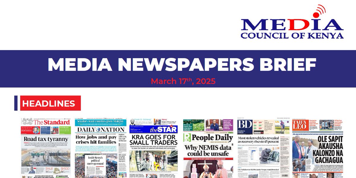 MediaObserverK's tweet photo. The proposed road levy, the tough economic times and the thinning payslip, @KRACorporate's enhanced revenue collection measures, revelations on why #NEMIS data could be at risk, the Anglican Church of Kenya (ACK) position on use of pulpit by politicians, and Association of Kenya Insurers (AKI) data, that revealed why station wagons are the most stolen vehicles in Kenya were key topics in the dailies today.
➡️https://t.co/BZ1hQpmLA7
#MediaObserverKE
@MediaCouncilK @CCommissionKE @Taifa_Leo
@BD_Africa @TheStarKenya @StandardKenya
@NationAfrica @PeopleDaily @KRACare @AKI_Kenya @OAG_Kenya