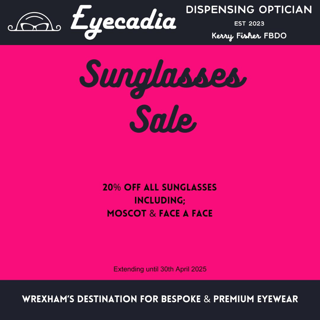 Sunglasses Sales!
Due to the success, and recent good weather, we have decided to extend our sunglasses sale until the end of April 2025.
Book your appointment and browse the frames at eyecadia.co.uk
#Eyecadia
#WrexhamBusiness
#DispensingOptician