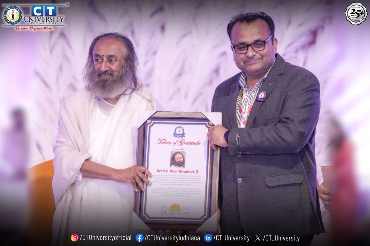 CT_University's tweet photo. CT University was honored to host Gurudev Sri Sri Ravi Shankar for ‘Gyan Ke Moti’—an evening of wisdom, meditation & self-discovery.
Our Vice Chancellor, Dr. Abhishek Tripathi, had the privilege of honoring him, making it even more special.
#CTUniversity #gyankemoti https://t.co/oy6GkBNrkz