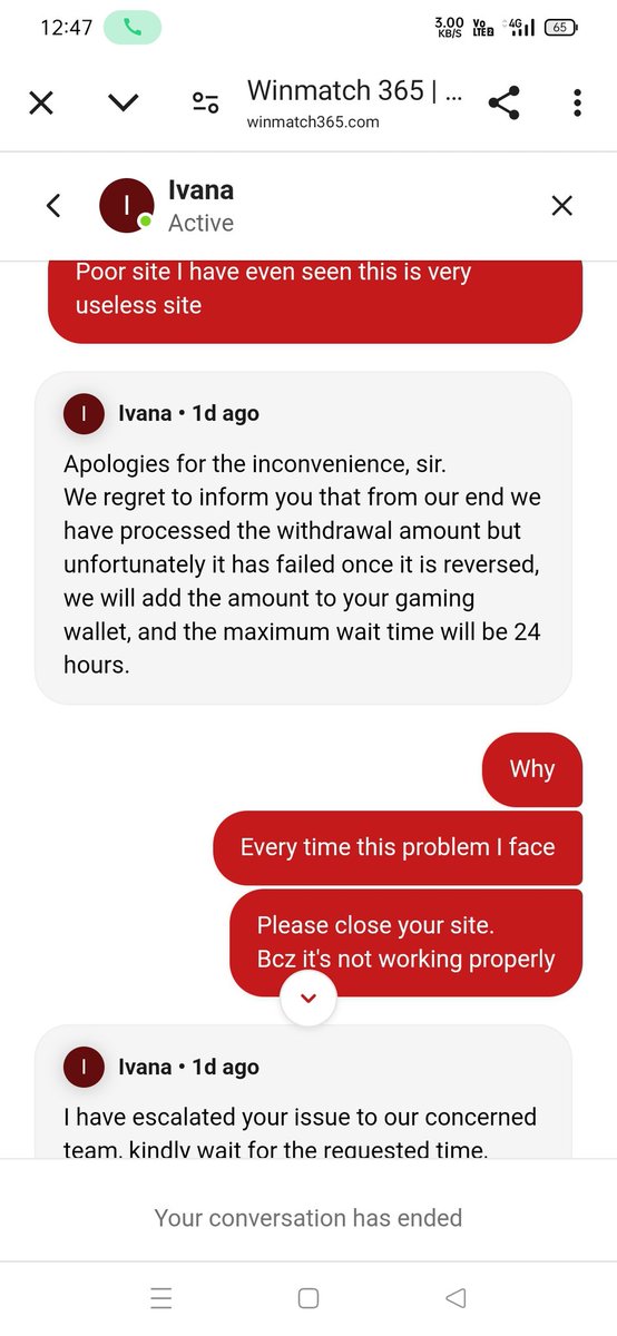 eyslens's tweet photo. @Winmatch_ Fake site don't play anyone I have profe.this is my chat history and withdraw problem but no agent help me.just wait and wait https://t.co/GT7fg7Nwog