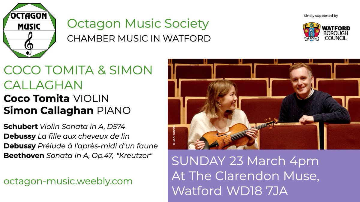 Octagon Music Society (@omswatford) on Twitter photo Less than a week to go until the final concert of our 2024 -25 series. It will be a cracker - two fabulous artists performing a beautiful programme, including Beethoven's 'Kreutzer' Sonata.
Tickets: octagon-music.weebly.com
<a href="/TomitaCoco/">Coco Tomita</a> <a href="/simondcallaghan/">Simon Callaghan</a> Less than a week to go until the final concert of our 2024 -25 series. It will be a cracker - two fabulous artists performing a beautiful programme, including Beethoven's 'Kreutzer' Sonata.
Tickets: octagon-music.weebly.com
<a href="/TomitaCoco/">Coco Tomita</a> <a href="/simondcallaghan/">Simon Callaghan</a>