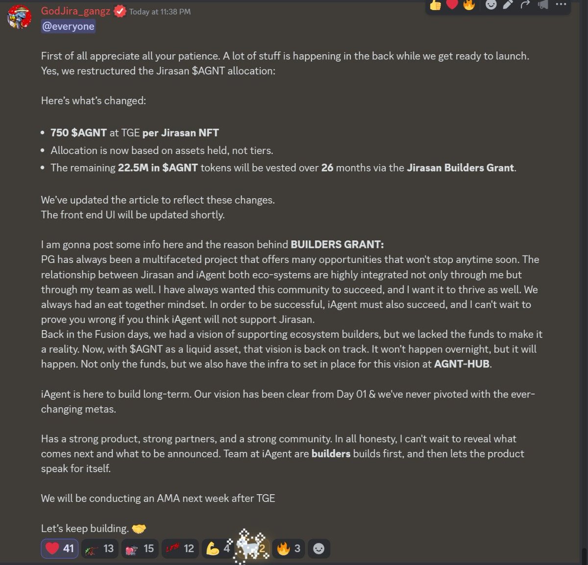 We’ve always take community feedback seriously. As I mentioned on Discord, we’ve made adjustments to ensure the Jirasan allocation aligns with our long-term vision.

Here’s what’s changing:

- 750 $AGNT at TGE per Jirasan NFT.
- Allocation is now based on assets held, not tiers.