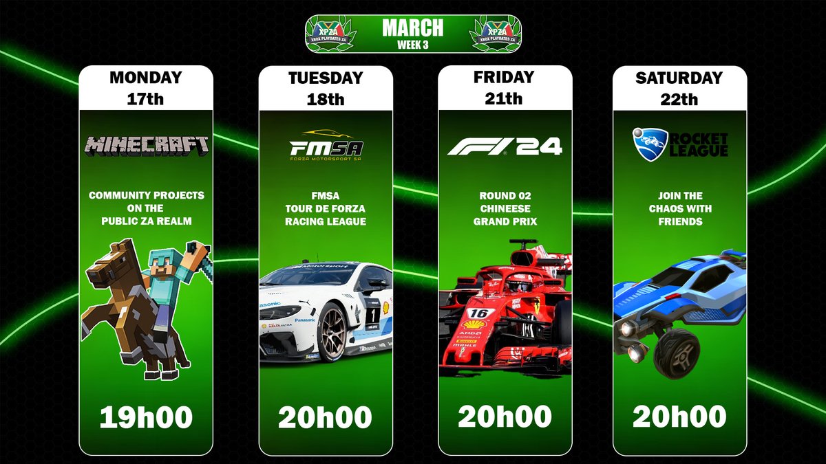 Here is a closer look at what we have coming your way with XPZA this week!

- Monday = #MondayMinecraft
- Tuesday = <a href="/ForzaMotorsport/">Forza Motorsport</a> with FMSA
- Friday = <a href="/EASPORTSF1/">EA SPORTS F1</a> 2024 #ChineseGP 
- Saturday Playdate @ 8 = <a href="/RocketLeague/">Rocket League</a> 

#XPZA
📸 <a href="/Ranman_za/">RanmanZA</a>
