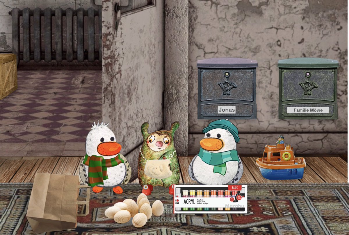 JoschMoewe's tweet image. Guten Morgen ☀️❄️

🤩🤔Als Jonas und Matz heute Morgen aus dem Haus gehen wollen, steht mitten im Flur eine Tüte. Da sind Holzeier drin und hübsche Farben. 🥚🥚🥚🎨
Wir wissen nicht, wo die Tüte herkommt, aber wir fragen mal die Dame vom Buchladen. Sie hat die gleichen Tüten.