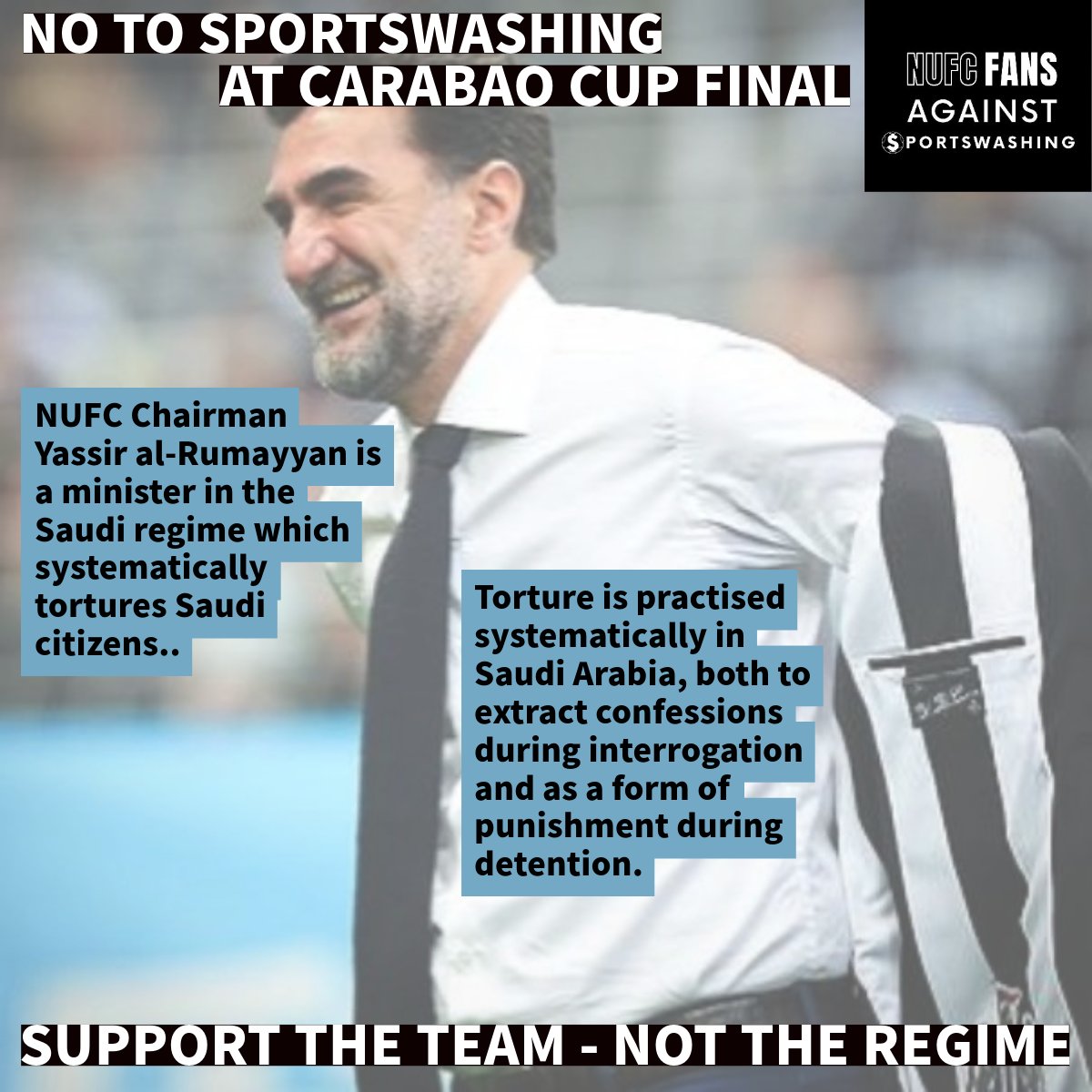 NUFC Fans Against Sportswashing (@nosauditoon) on Twitter photo A big factor in the sportswashing project of the Saudi dictatorship at Newcastle is the complicity of the media.
Not one media outlet, local or national mentioned that the <a href="/NUFC/">Newcastle United</a> Chairman Yasir al-Rumayyan who hogs the <a href="/Carabao_Cup/">Carabao Cup</a> is a key regime figure. This is sportswashing. A big factor in the sportswashing project of the Saudi dictatorship at Newcastle is the complicity of the media.
Not one media outlet, local or national mentioned that the <a href="/NUFC/">Newcastle United</a> Chairman Yasir al-Rumayyan who hogs the <a href="/Carabao_Cup/">Carabao Cup</a> is a key regime figure. This is sportswashing.