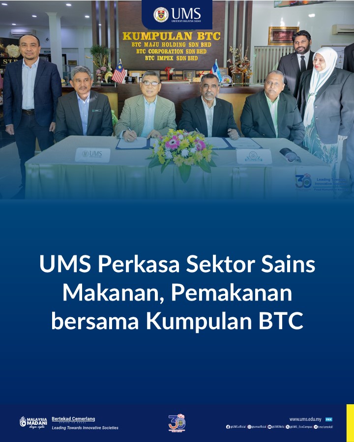 Universiti Malaysia Sabah (UMS) bersama Kumpulan BTC Berhad menandatangani memorandum persefahaman (MoU) bagi membangunkan penyelesaian makanan yang mampan dan mampu milik untuk pelajar.

Berita penuh : ums.edu.my/v5/ms/banner-l…