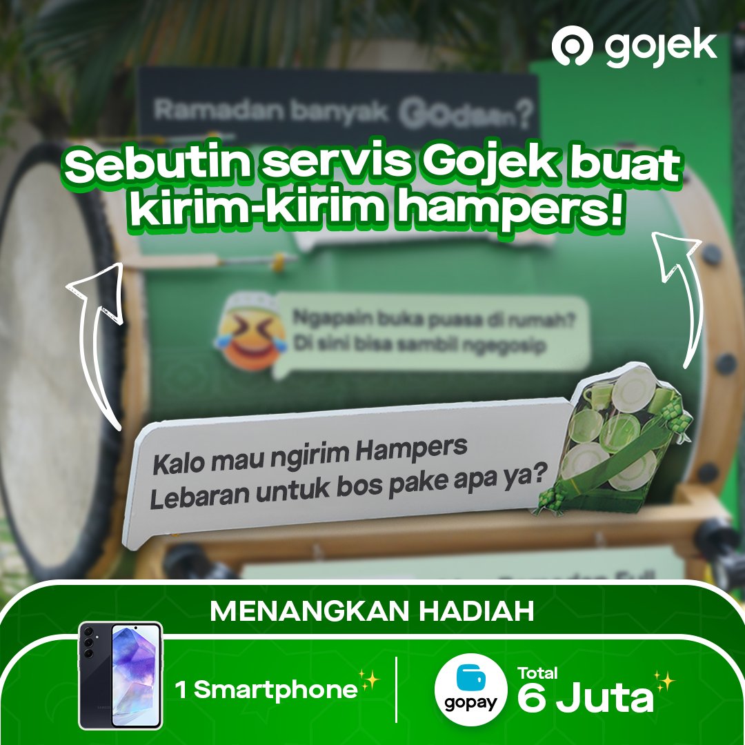 gojekindonesia's tweet photo. [#GIVEAWAYGOJEK]

2 servis Gojek buat kirim hampers di Ramadan ini apa coba gaes?
Buruan jawab dan jangan lupa tulis juga kode promonya, ya.😆

Jawab pake cara ini:
1. Tulis jawaban di  kolom komentar & mention 2 orang temen
2. Sertakan hashtag #PastiAdaJalan & #MauRamadanFull
3. Pastikan akun kamu tidak di-private dan follow
@gojekindonesia
4. Periode kuis 17-23 Maret 2025