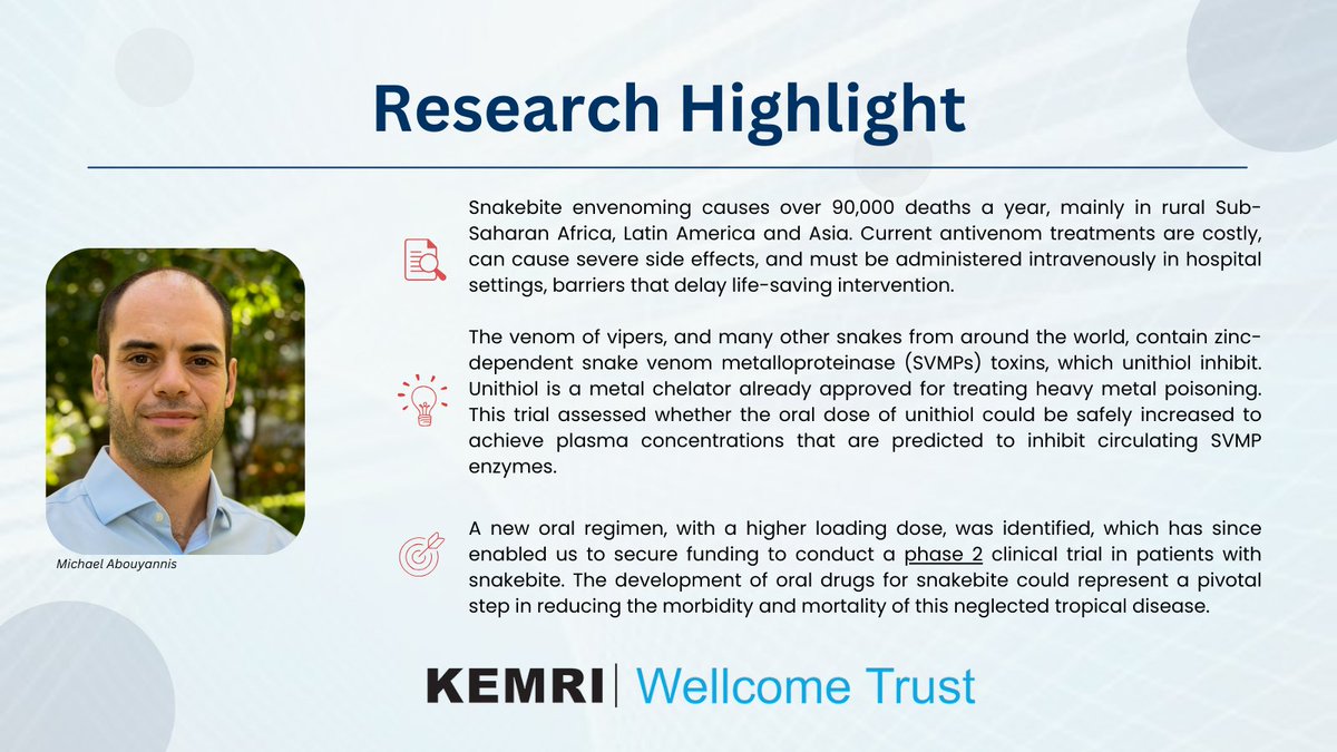 Can an oral drug revolutionize snakebite treatment? 
📚Our #ResearchHighlight : Michael Abouyannis et al. have published a Phase 1 study on the development of an an oral unithiol regimen for snakebite envenoming.  Click the link below to read more!
shorturl.at/kB5dx
