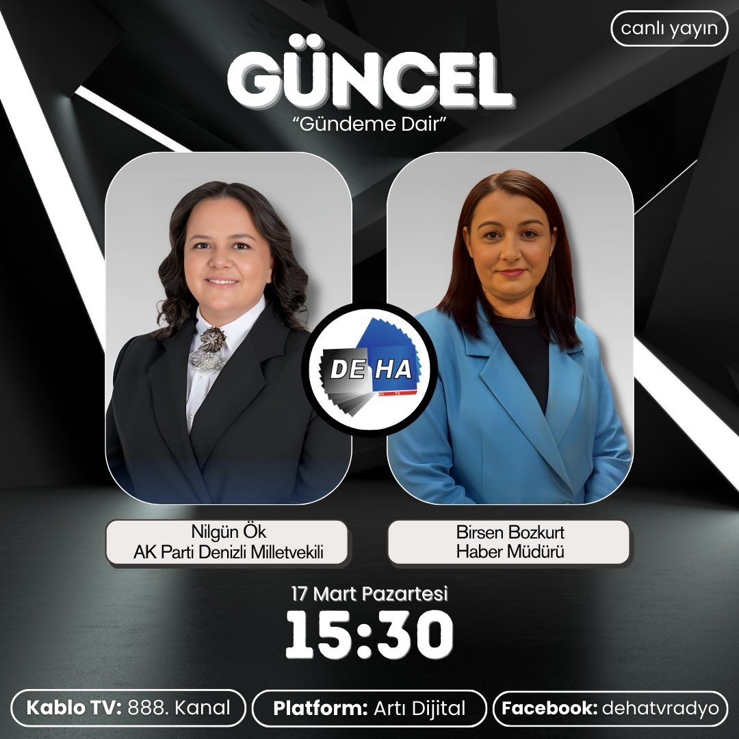 DEHA TV’de Birsen Bozkurt’un sunduğu “Güncel / Gündeme Dair” programının canlı yayın konuğu olacağım. 

İzlemeniz dileğiyle…

📺  <a href="/dehatvradyo/">DEHA TV Radyo</a>
 
🗓 17 Mart 2025 Pazartesi (Bugün)
 
⏰ 15.30
