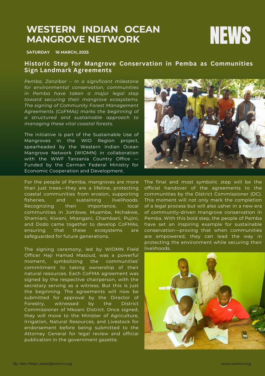 Historic Step for Mangrove Conservation in Pemba as Communities Sign Landmark Agreements

Pemba, Zanzibar – In a significant milestone for environmental conservation, communities in Pemba have taken a major legal step toward securing their mangrove ecosystems <a href="/wiomsa/">WIOMSA</a> <a href="/imsudsm/">Institute of Marine Sciences, UDSM</a>
