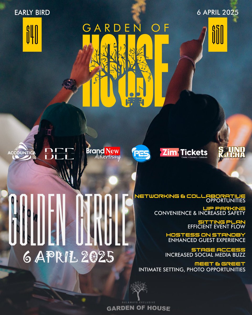 A few early bird Golden circle tickets left 🫶🏾🪴🫶🏾

Visit
Stars 29
Video Ezy
Twitters Cafe
For all physical tickets

Click the link to buy tickets online

zimtickets.com/event/garden-o…