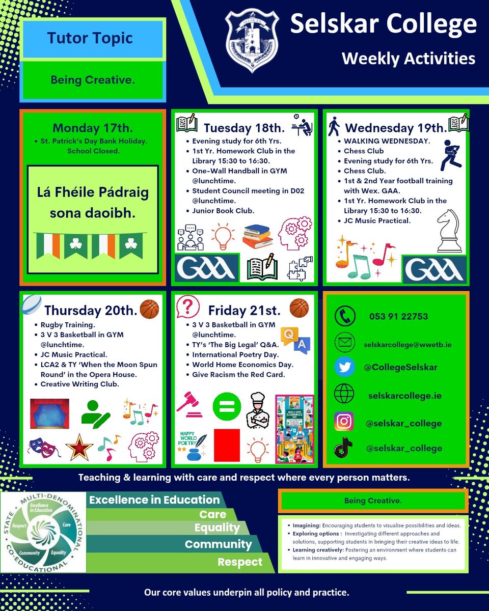 'Lá Fhéile Pádraig Sona Daoibh go léir' 🇮🇪☘️
Busy week ahead ! 👏🤝
Check out our Weekly Activities. 🏐🚶‍♂️🏀💻🎨🎶🏃‍♀️🏃‍♂️🎲♟️📚
#excellence #community 
#selskarstyle #wwetb