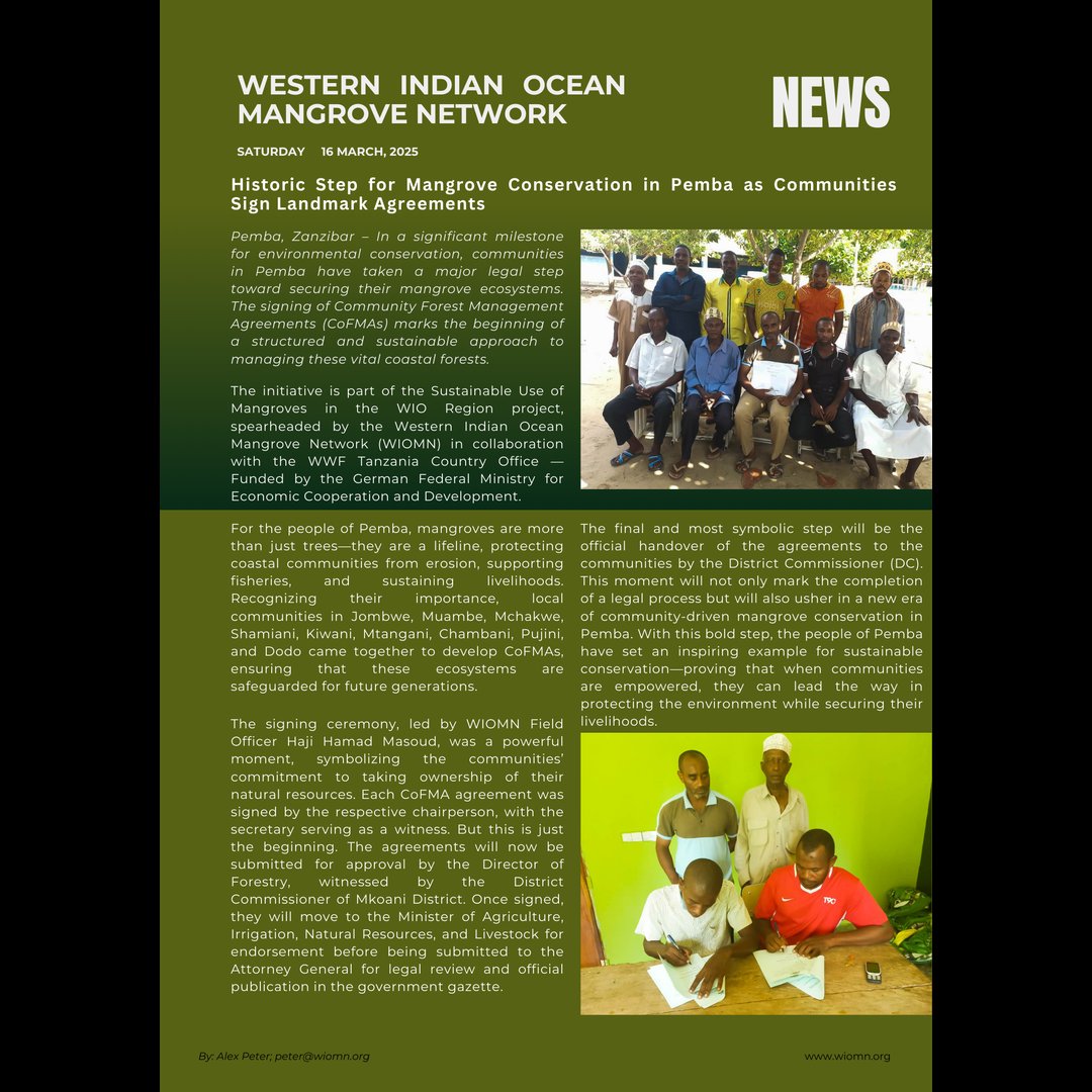 Historic Step for Mangrove Conservation in Pemba as Communities Sign Landmark Agreements

Pemba, Zanzibar – In a significant milestone for environmental conservation, communities in Pemba have taken a major legal step toward securing their mangrove ecosystems <a href="/wiomsa/">WIOMSA</a> <a href="/aboudjumbe/">Aboud Jumbe</a>