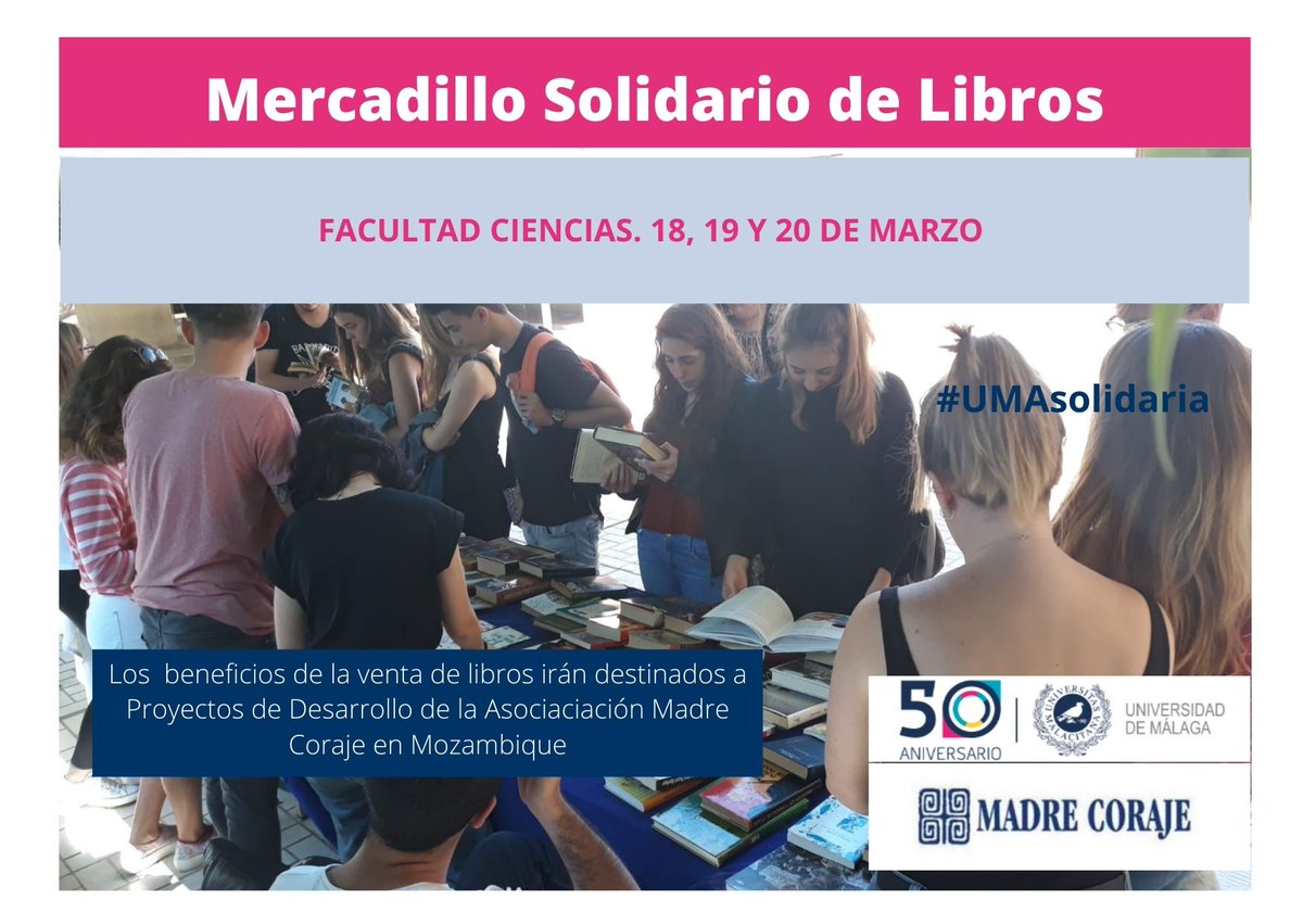 Voluntariado UMA (@voluntariadouma) on Twitter photo Seguimos con el mercadillo solidario de <a href="/MCorajeONGD/">Fundación Madre Coraje</a>. En la semana en curso, estarán presentes en <a href="/UMACiencias/">Facultad de Ciencias UMA</a>, los días 18, 19 y 20 de marzo. Si quieres participar como voluntario/a, aún estás a tiempo. Puedes inscribirte en: docs.google.com/forms/d/e/1FAI… Seguimos con el mercadillo solidario de <a href="/MCorajeONGD/">Fundación Madre Coraje</a>. En la semana en curso, estarán presentes en <a href="/UMACiencias/">Facultad de Ciencias UMA</a>, los días 18, 19 y 20 de marzo. Si quieres participar como voluntario/a, aún estás a tiempo. Puedes inscribirte en: docs.google.com/forms/d/e/1FAI…