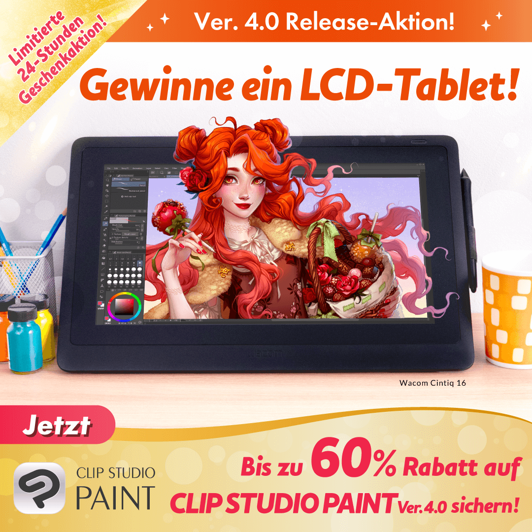 LCD-Tablet Verlosung
/
Am letzten Tag verlosen wir das Wacom Cintiq 16, im Wert von ca. 500 EUR!
\

Folge &amp; reposte diesen Beitrag, und schon nimmst du an der Aktion teil!
Bis 18.03, 9:00 (MEZ)
clipstudio.net/promotion/give…