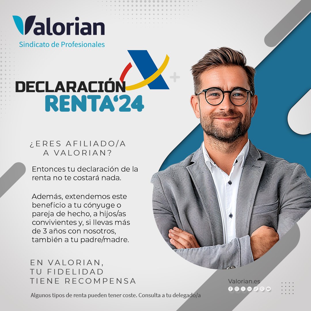 ✨ ¿Eres afiliado/a a Valorian? ✨ ¡Tu declaración de la renta es GRATIS! 💸
🎁 Beneficio extendido:

•Para tu cónyuge o pareja de hecho 💑
•Para tus hijos e hijas convivientes
•Y si llevas más de 3 años con nosotros, ¡también para tu padre/madre! 👨‍👩‍👧
En Valorian, tu fidelidad