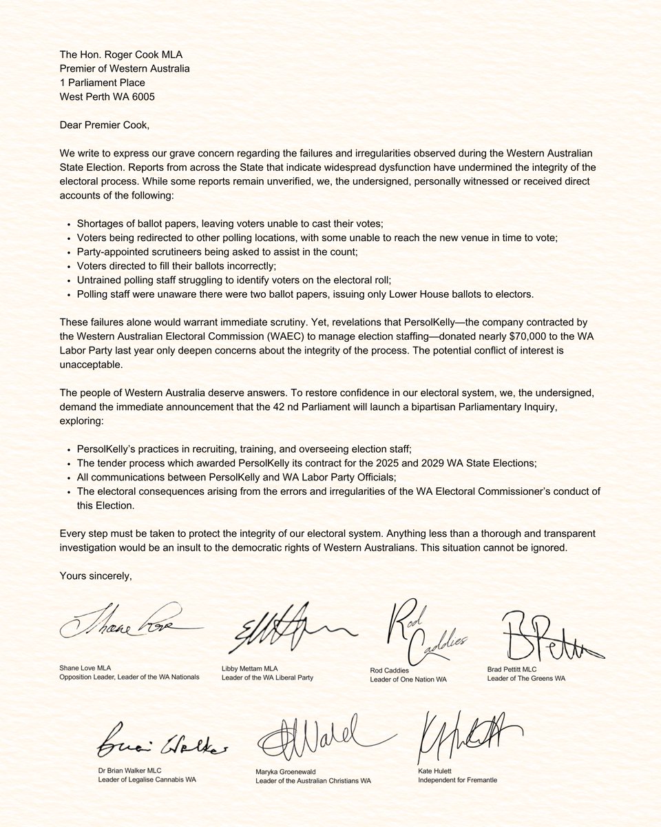 Every non-Government political party in Western Australia has united to demand a full, bipartisan Parliamentary Inquiry into the 2025 State Election.