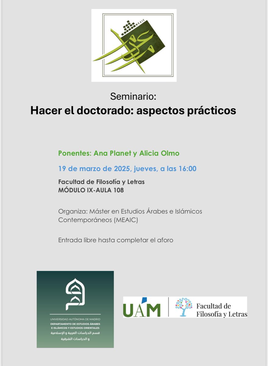 meaic_uam's tweet image. Hacer el doctorado. Aspectos prácticos.

Seminario con @AnaPlanet1 y @aliciaolmog.

Miércoles 19 de marzo a las 16.00.
 
📍Módulo IX. Aula 108 (@FyL_UAM - Cantoblanco).