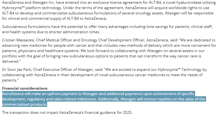 doepke_michel's tweet photo. #AstraZeneca $AZN enters license agreement with #Alteogen for subcutaneous formulations of multiple oncology assets. Not $HALO, but shows the huge interest from pharma companies in that space. https://t.co/JiWWOjjwAa https://t.co/o3JM0wxwy3
