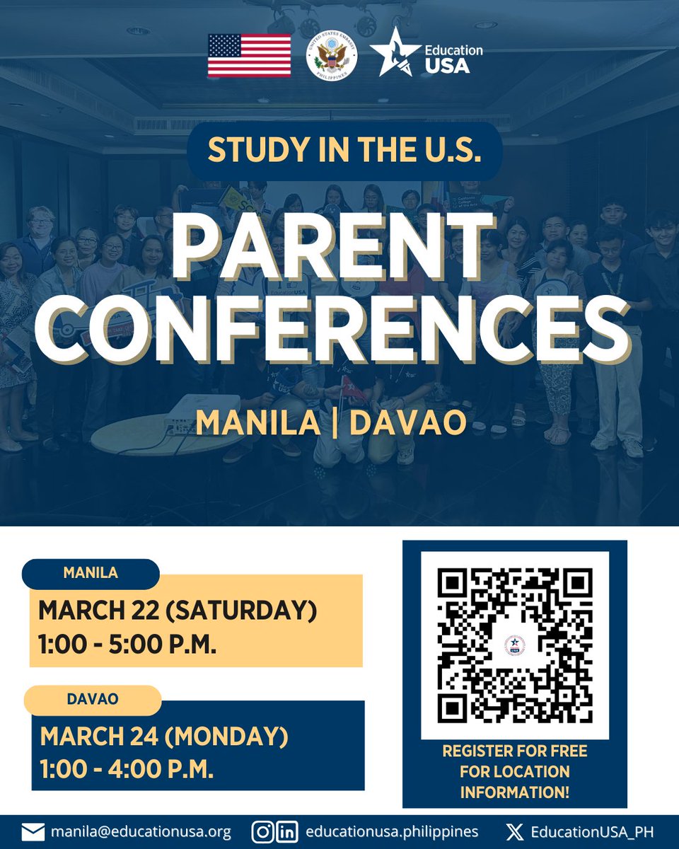 USEmbassyPH's tweet image. 📣 Calling all parents in Manila and Davao! Join our upcoming @EducationUSA_PH parent conferences to learn more about 🇺🇸 higher education opportunities for your children and how you can help them prepare for their #StudyWithUS journey. 🎓 Scan the QR code to register for free!