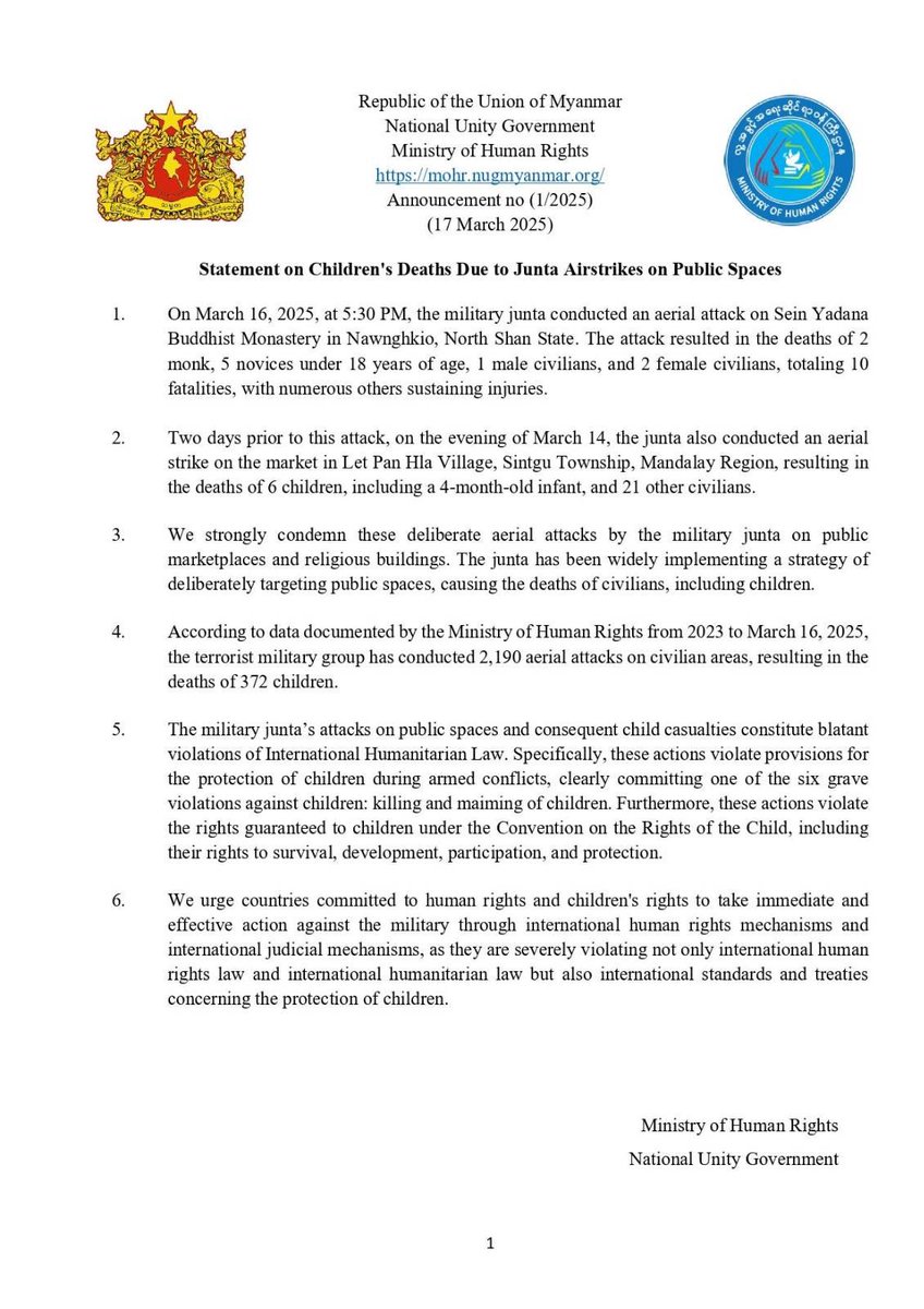 mohr_nug's tweet image. Ministry of Human Rights @mohr_nug condemns junta&apos;s airstrikes on #publicspaces, killing #children &amp;amp; civilians. These acts violate Int&apos;l Humanitarian Law &amp;amp; Children&apos;s Rights. We urge global action against these atrocities.#EndsImpunity #CrimesofJunta