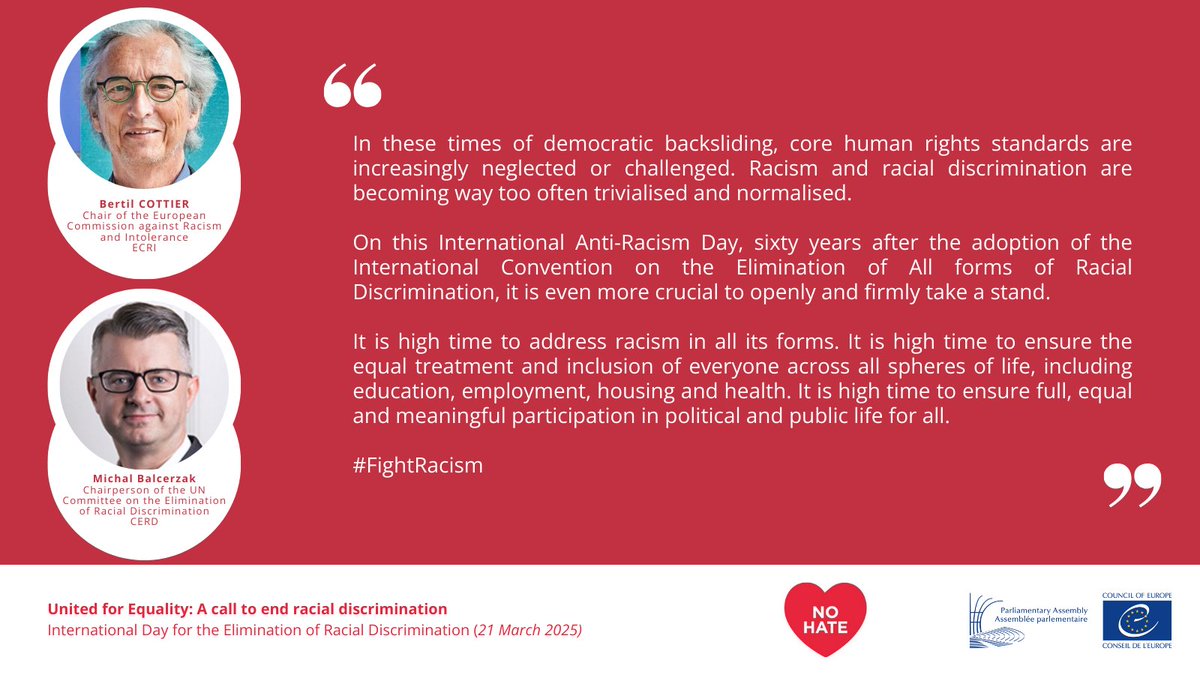PACE_Equality (@pace_equality) on Twitter photo 📣 Ahead of #IDERD2025, <a href="/PACE_Equality/">PACE_Equality</a> launches #UnitedForEquality.
In times of democratic backsliding, we must stand against #racism, uphold equality & ensure inclusion in all spheres of life. With <a href="/ECRI_CoE/">European Commission against Racism and Intolerance</a>, we reaffirm the principles of #CERD Convention.
#FightRacism 📣 Ahead of #IDERD2025, <a href="/PACE_Equality/">PACE_Equality</a> launches #UnitedForEquality.
In times of democratic backsliding, we must stand against #racism, uphold equality & ensure inclusion in all spheres of life. With <a href="/ECRI_CoE/">European Commission against Racism and Intolerance</a>, we reaffirm the principles of #CERD Convention.
#FightRacism