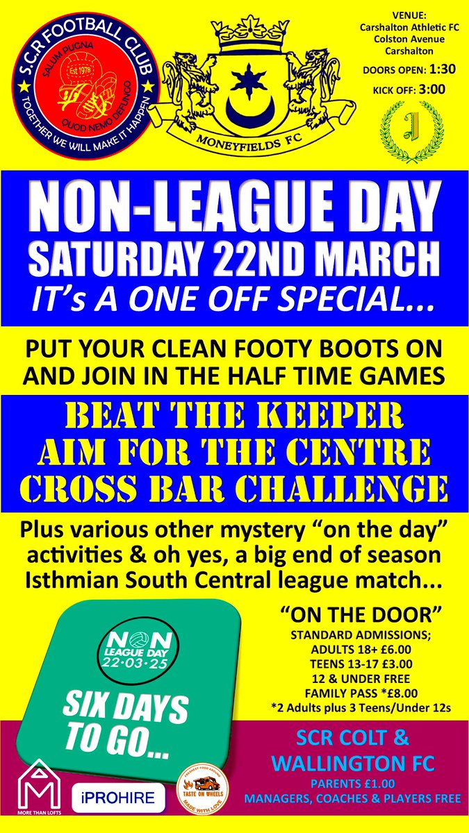 official_scrfc's tweet photo. NEXT UP -

NON- LEAGUE DAY 2025
3pm KO
Vs @MONEYFIELDSFC
@FWPIsthmnOneSC

Join the players pre match in the mascot walk out
PLUS as a one off special if you’re wearing clean footy boots you can join in our half time games &amp; challenges..

@SCRColtsFC 
@Wallington_FC 

@surreyhire https://t.co/CWunZbCfN9