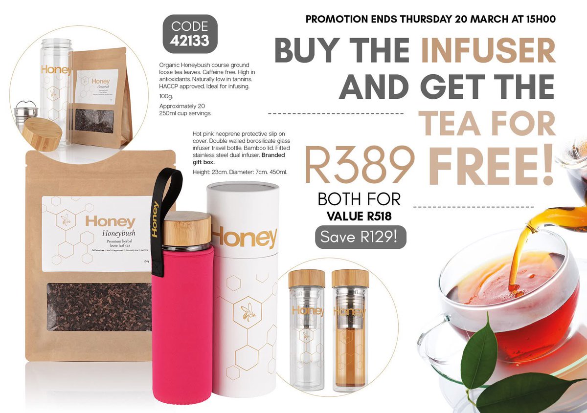 Tshepi155034032's tweet image. BUY THE INFUSER and get a pack of Honey Bush Tea for FREE!

Valued at R518 - yours for only R389!

Promotion ends Thursday, 20 March 2025 at 15h00

#honeyfashionaccessories #infuser #honeybush #honeybushtea
