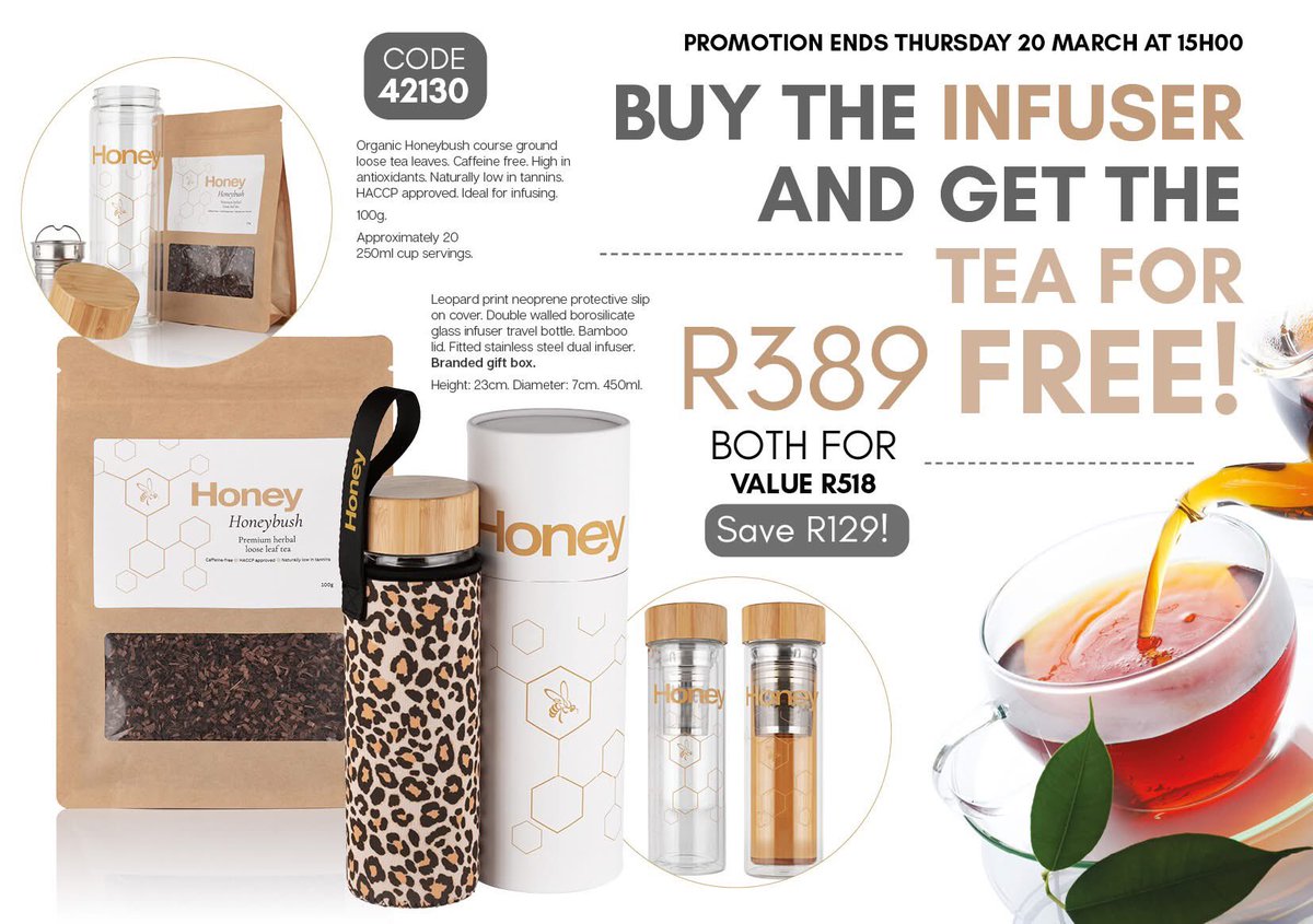 Tshepi155034032's tweet image. BUY THE INFUSER and get a pack of Honey Bush Tea for FREE!

Valued at R518 - yours for only R389!

Promotion ends Thursday, 20 March 2025 at 15h00

#honeyfashionaccessories #infuser #honeybush #honeybushtea