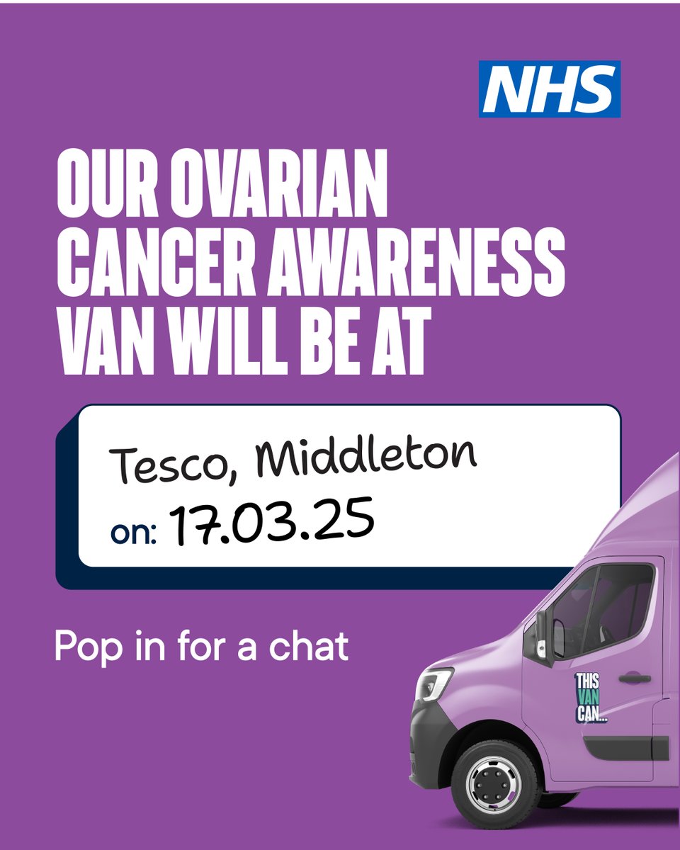 Greater Manchester Cancer Alliance (@gm_cancer) on Twitter photo Do you know signs and symptoms of ovarian cancer?🚐💜 Come and say hello and chat with our amazing team today! We're parked at Middleton Tesco car park.
Visit: thisvancan.co.uk <a href="/TargetOvarian/">Target Ovarian Cancer</a> <a href="/TrustDianne/">Dianne Oxberry Trust</a> #ThisVanCan #GMOvarianCancer #OvarianCancerAwareness #EarlyDetection Do you know signs and symptoms of ovarian cancer?🚐💜 Come and say hello and chat with our amazing team today! We're parked at Middleton Tesco car park.
Visit: thisvancan.co.uk <a href="/TargetOvarian/">Target Ovarian Cancer</a> <a href="/TrustDianne/">Dianne Oxberry Trust</a> #ThisVanCan #GMOvarianCancer #OvarianCancerAwareness #EarlyDetection