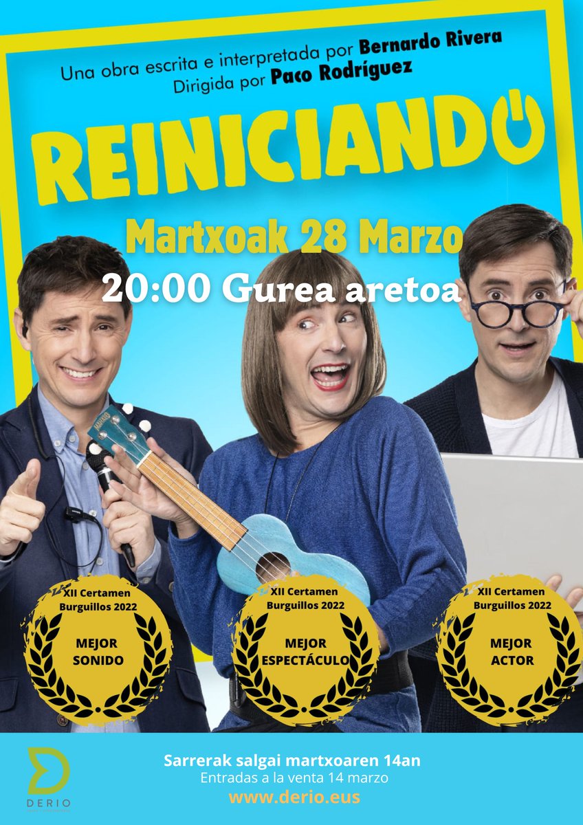 🎭✨ La comedia "Reiniciando" llega al Gurea Aretoa el 📅 28 de marzo a las ⏰ 20:00. Una obra premiada 🏆 que te hará reír y reflexionar. ¡No te la pierdas!
🎟 Entradas a la venta desde el 14 de marzo en 👉 labur.eus/ghqskpe3

💚 #DerioZurekinAurrera #DerioCreceContigo