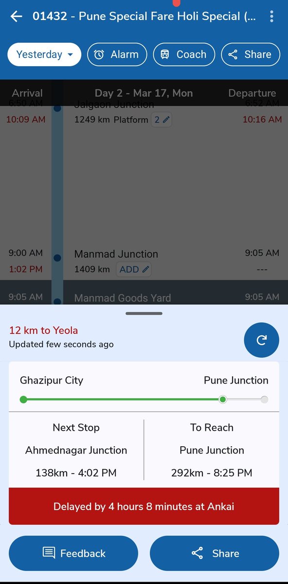 SparshG44497974's tweet photo. Respected Authority,

@AshwiniVaishnaw @RailwaySeva @RailMinIndia @Central_Railway Please consider the fact that the train bearing no. 01432, Pune Special Fare Holi Special is running late by more than 4 hours.

Could you please inform me of the reason for such a delay??

Thanks. https://t.co/EGGc4H6or4