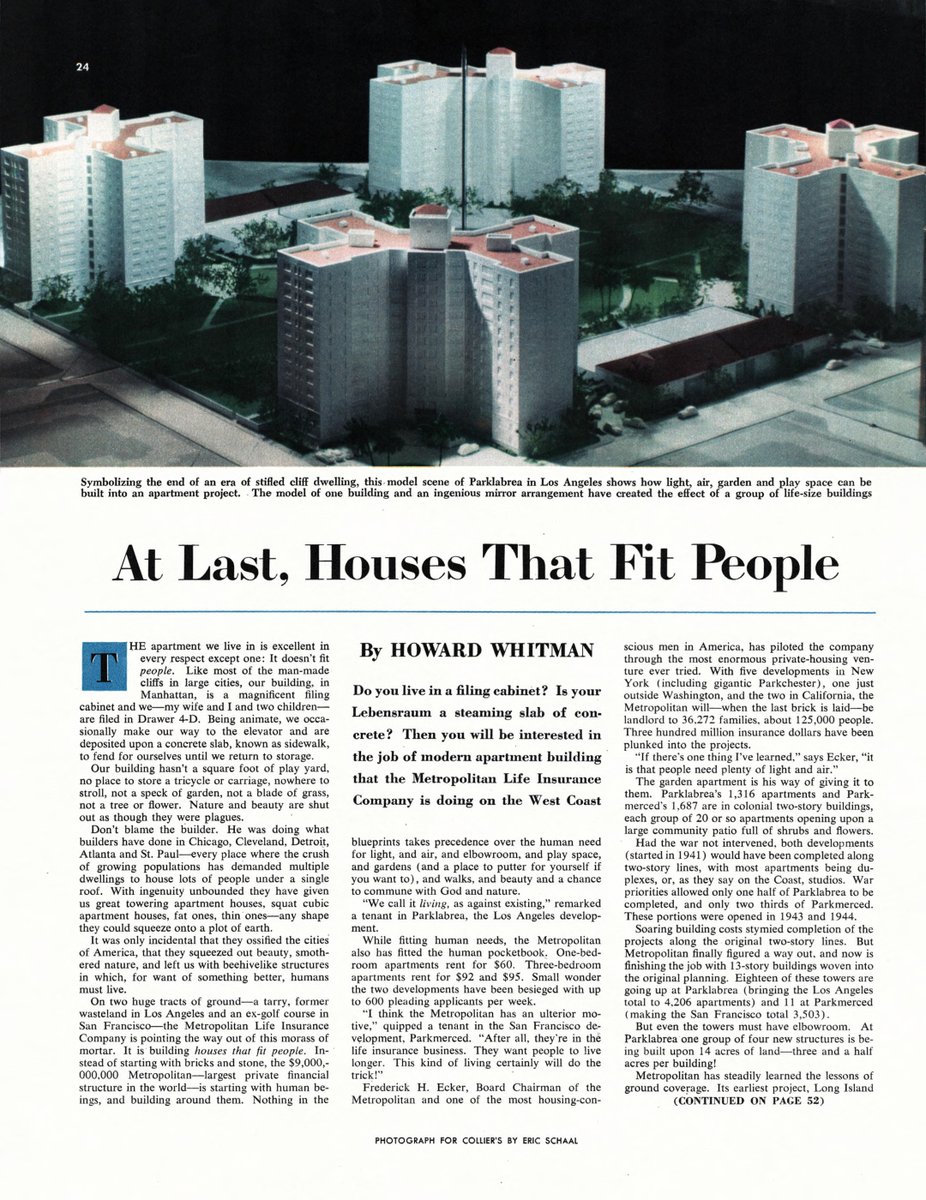 LRonLacy's tweet photo. Howard Whitman, “Homes That Fit People”
‘Do you live in a filing cabinet? Is your Lebensraum a steaming slab of concrete? Then you will be interested in the job of modern apartment building that the #MetropolitanLifeInsurance Company is doing …’
*Collier’s*, March 12, 1949 https://t.co/hFtUrvnJUK