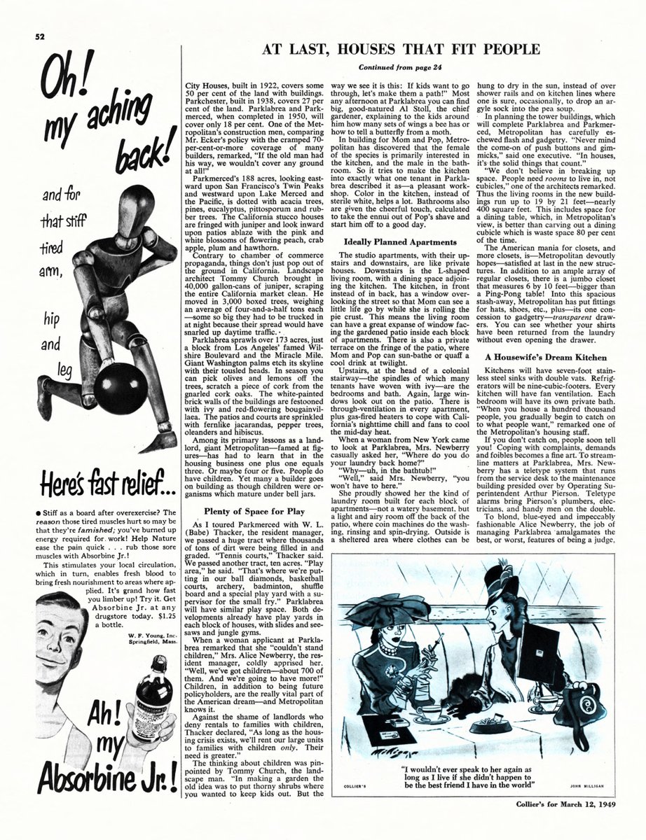 LRonLacy's tweet photo. Howard Whitman, “Homes That Fit People”
‘Do you live in a filing cabinet? Is your Lebensraum a steaming slab of concrete? Then you will be interested in the job of modern apartment building that the #MetropolitanLifeInsurance Company is doing …’
*Collier’s*, March 12, 1949 https://t.co/hFtUrvnJUK