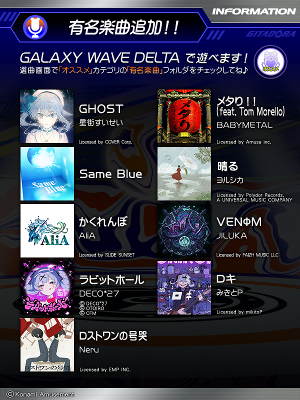 gfdm_staff's tweet photo. 【GITADORA -ARENA MODEL- × GALAXY WAVE DELTA】

『GITADORA GALAXY WAVE DELTA』の新規収録楽曲を紹介！

「メタり！！（feat. Tom Morello）」
「GHOST」
「晴る」
「Same Blue」
「VENΦM」
「かくれんぼ」
「ロキ」
「ラビットホール」
「ロストワンの号哭」

#GITADORA https://t.co/0QARj6s2oA