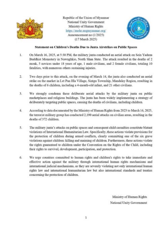 crystalkeyl's tweet image. Ministry of Human Rights @mohr_nug condemns junta&apos;s airstrikes on #publicspaces, killing #children &amp;amp; civilians. These acts violate Int&apos;l Humanitarian Law &amp;amp; Children&apos;s Rights. We urge global action against these atrocities.#EndsImpunity #CrimesofJunta
#WhatsHappeningInMyanmar