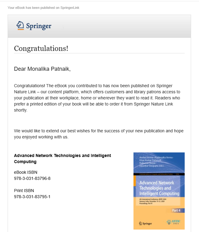 MonalikaPatnaik's tweet photo. Hola,
glad to share that our research titled ,"A Hybrid Machine Learning Approach for Accurate Milk Quality Classification," has been published at Springer Nature as part of the International Conference on Advanced Network Technologies and Intelligent Computing (ANTIC-2024) https://t.co/lYyEEkuxHF