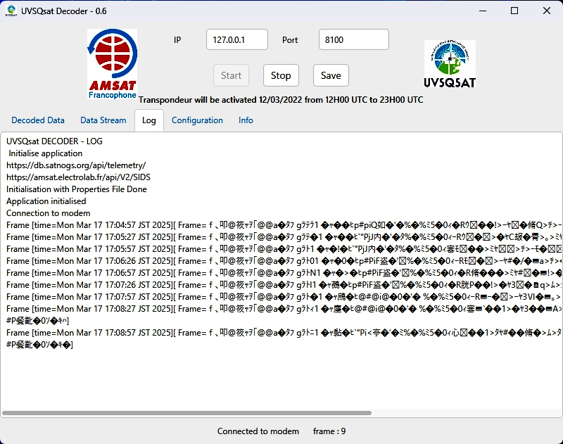 SatNOGSの受信レポートを眺めるとUVSQ-SAT-NGのビーコンは復調しずらいようだが、Observation #11239701 のAudioを使って復調できた。試しにUVSQSAT Decoderで解読を試みた結果、ログは表示されるが解読はできなかった。残念!!