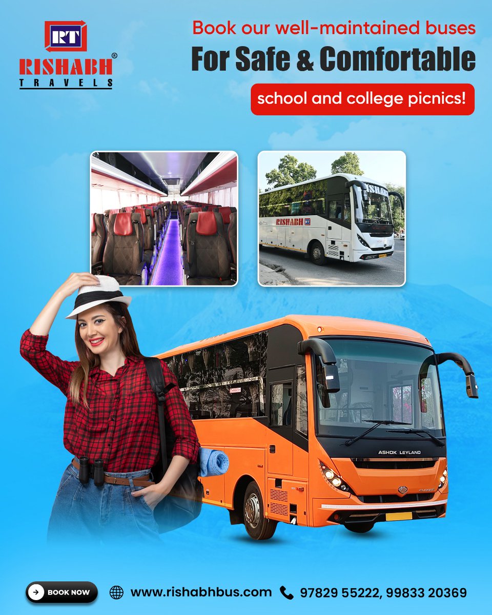 rishabhbus's tweet photo. Safe &amp; Comfortable Rides for School &amp; College Picnics! 🚍✨ Choose Rishabh Travels for a hassle-free journey!

📞: +91-9983320369
📧: info@rishabhbus.com
🌐: https://t.co/cszlCuU5qb

#RishabhTravels #SchoolPicnic #CollegeTrip #SafeTravel https://t.co/d0mymFEkvF