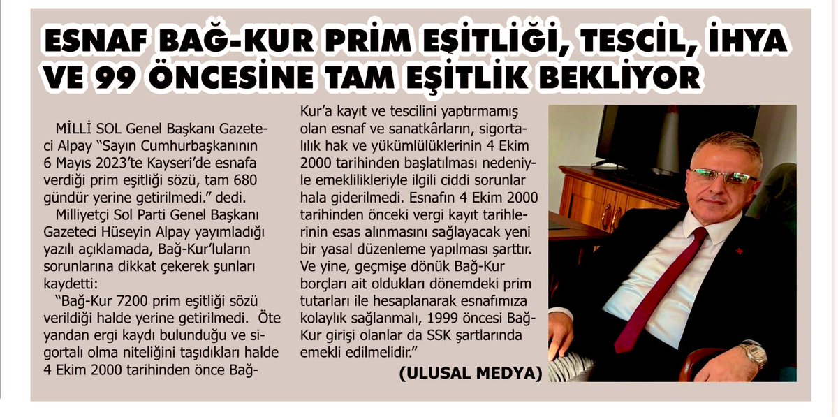 Bağ-Kur 7200 prim eşitliği sözü verildiği halde yerine getirilmedi.  

Öte yandan vergi kaydı bulunduğu ve sigortalı olma niteliğini taşıdıkları halde 4 Ekim 2000 tarihinden önce Bağ-Kur’a kayıt ve tescilini yaptırmamış olan esnaf ve sanatkârların, sigortalılık hak ve