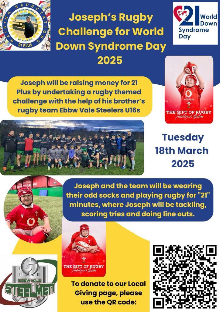 My awesome little friend Joseph is doing a rugby challenge for #WorldDownSyndromeDay to raise funds for <a href="/21PlusDS/">21 Plus</a> a charity very close to my heart.

He has raised £800 already so if you can help him hit his goal please do, here's the link: localgiving.org/fundraising/Jo…

<a href="/dsw_news/">Disability Sport Wales</a>