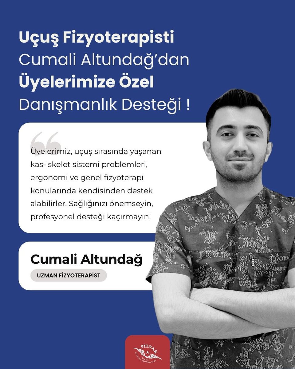 PİLVAK Üyelerine Özel Uçuş Fizyoterapisi Desteği! 
Pilotların sağlığı uçuş güvenliği kadar önemli! Türkiye’nin ilk uçuş fizyoterapisti Uzm. Fzt. Cumali Altundağ, artık PİLVAK üyelerine özel fizyoterapi ve uçuş sağlığı danışmanlığı veriyor.