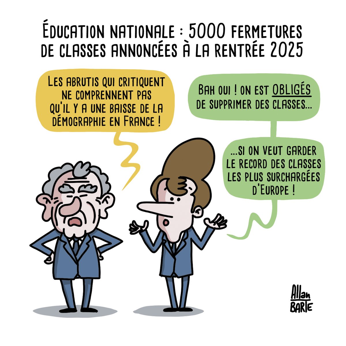 De la droite à l'extrême droite, il y a une volonté délibérée de saboter notre système éducatif. #idiocratie
Éducation nationale : 5000 fermetures de classes annoncées à la rentrée 2025

Pour soutenir la lutte dessinée, engagée et indépendante :
▶️ ko-fi.com/allanbarte